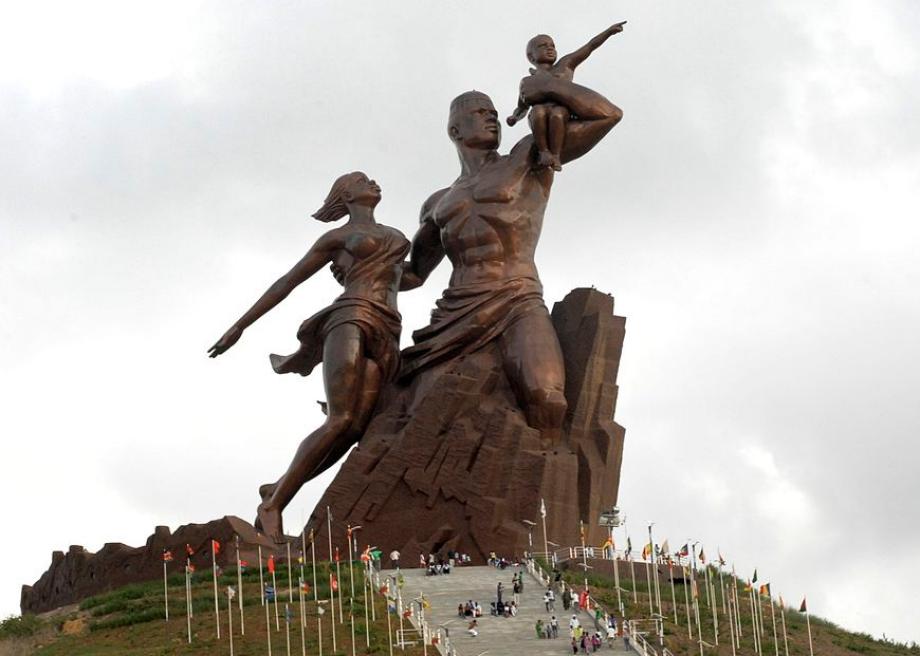 The African Resistance Monument, Dakar, Senegal. Of incredible scale (49 meters tall (160 feet)! - by way of reference, the Statue of Liberty is 151 feet from base of pedestal to the torch), an observation deck in the man’s forehead! and bold artistic lines! – look at the protagonist’s chiseled quads erupting out of the chiseled rock!, his abs and biceps lifting his child and his beautiful wind-swept lady!, the angles pointing to the future!