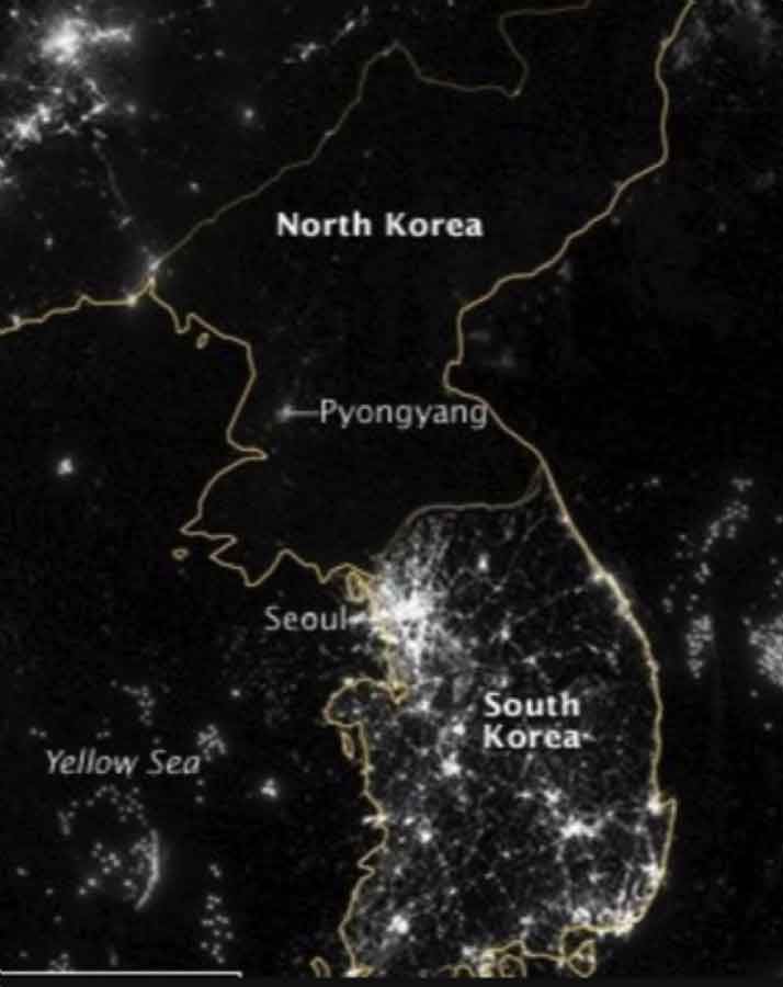 An iconic picture contrasting the light output of the south and the north. There is approximately a 20x difference between per-capita GDP on the south side of the border vs. on the north side. No border in the world boasts such disparity. By way of reference, East and West Germany had approximately a 3x differential at the fall.