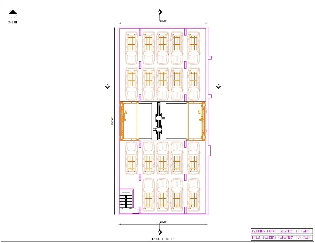 Typical storage level, levels 4 to 16. For the automated garage portion of the structure, the average level height for passenger cars can be as little as 7 feet deck to deck and 8 feet deck to deck for SUVs. These smaller heights deck to deck can help contribute to a 30% plus savings in construction materials used for height relative to typical floor to floor heights of 10 to 11 feet or more, which include clearances needed for ventilation, piping and wiring on floors used for conventional purposes.