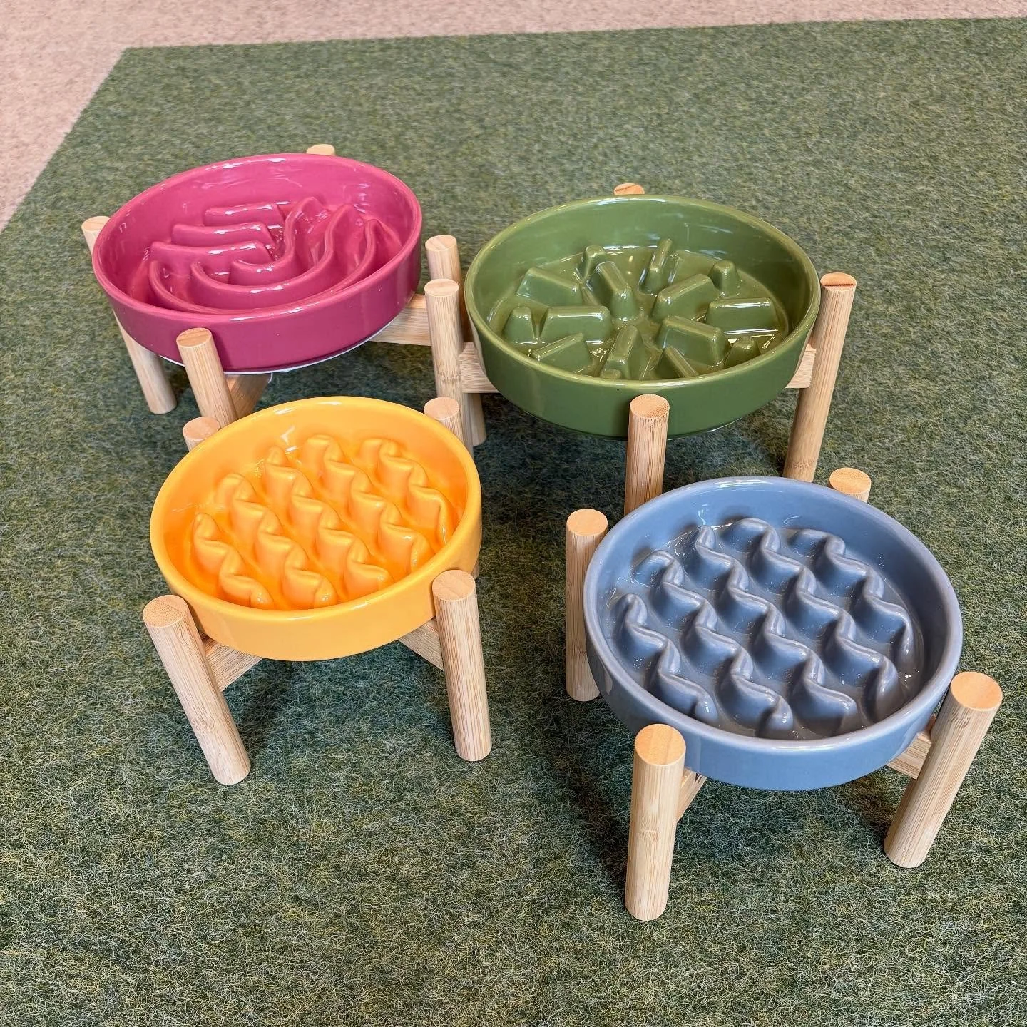 New raised slow feeders are here! We love these for dogs who eat too quick, dogs who struggle to reach bowls on the ground, dogs who saw a corn maze at a pumpkin patch and were maybe overwhelmed by how big they were and are still curious, or anyone w