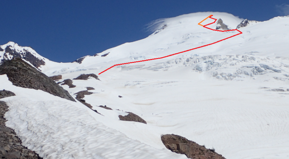 The red indicates our route up the Easton glacier and the orange indicates our way down. We took the red to stay close to the ridge to try and mitigate avalanche danger.