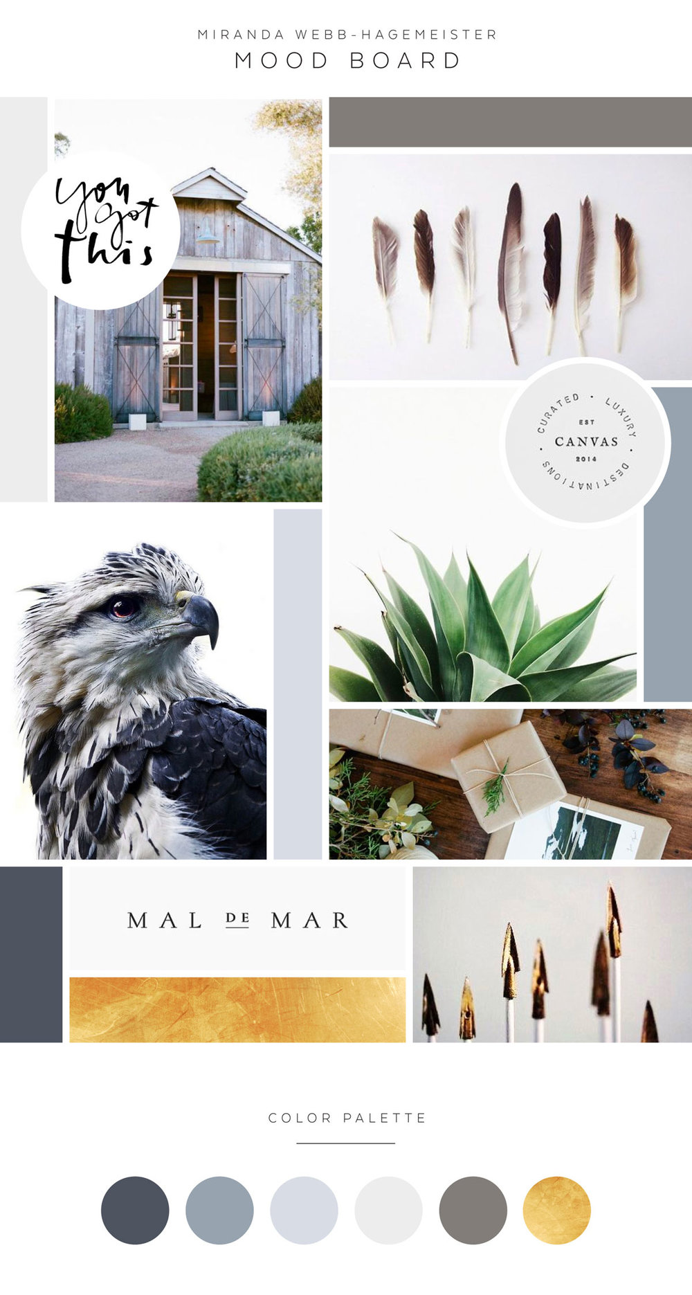 Mood Board and Color Palette Gold Navy Grey Miranda Webb Life and Business Coaching Modern Earthy Arrow Logo and Brand Design