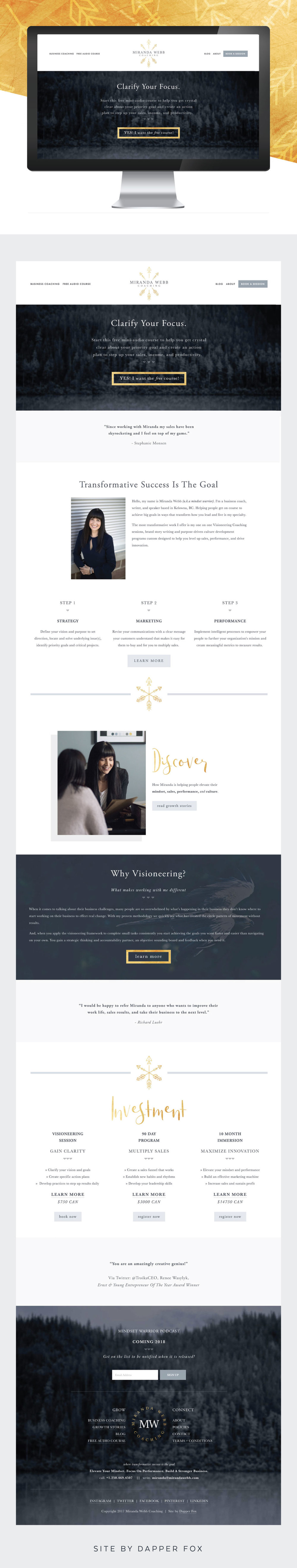 Miranda Webb Squarespace Website for Business Coaching - Modern, Full Banner Forest Imagery with Gold, Greys and Neutral Color palette