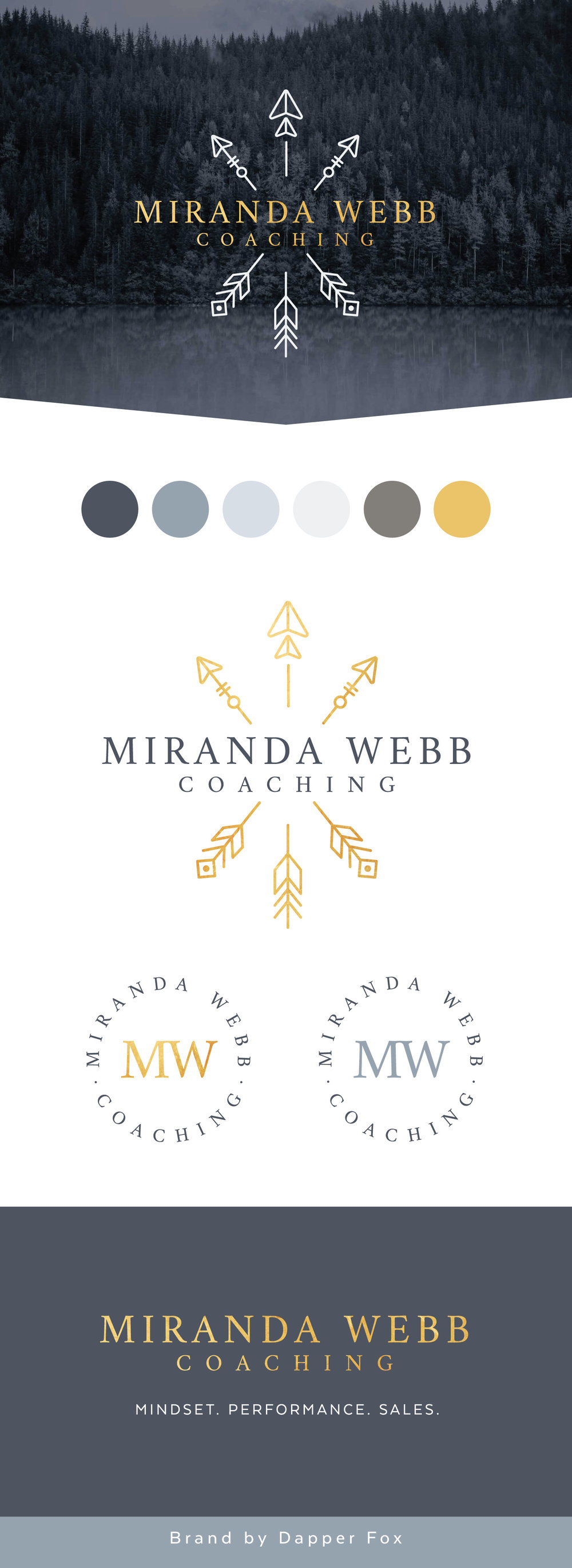 Miranda Webb Coaching Business Coach Logo and Brand Design - Arrow, Gold, Grey Color Scheme Modern Logo Design