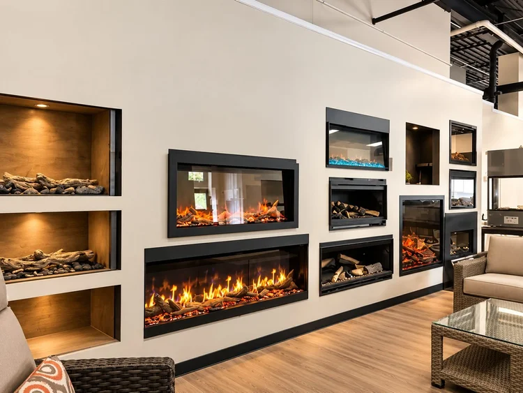 Electric and linear fireplace wall at the new Housewarmings showroom, Lexington KY