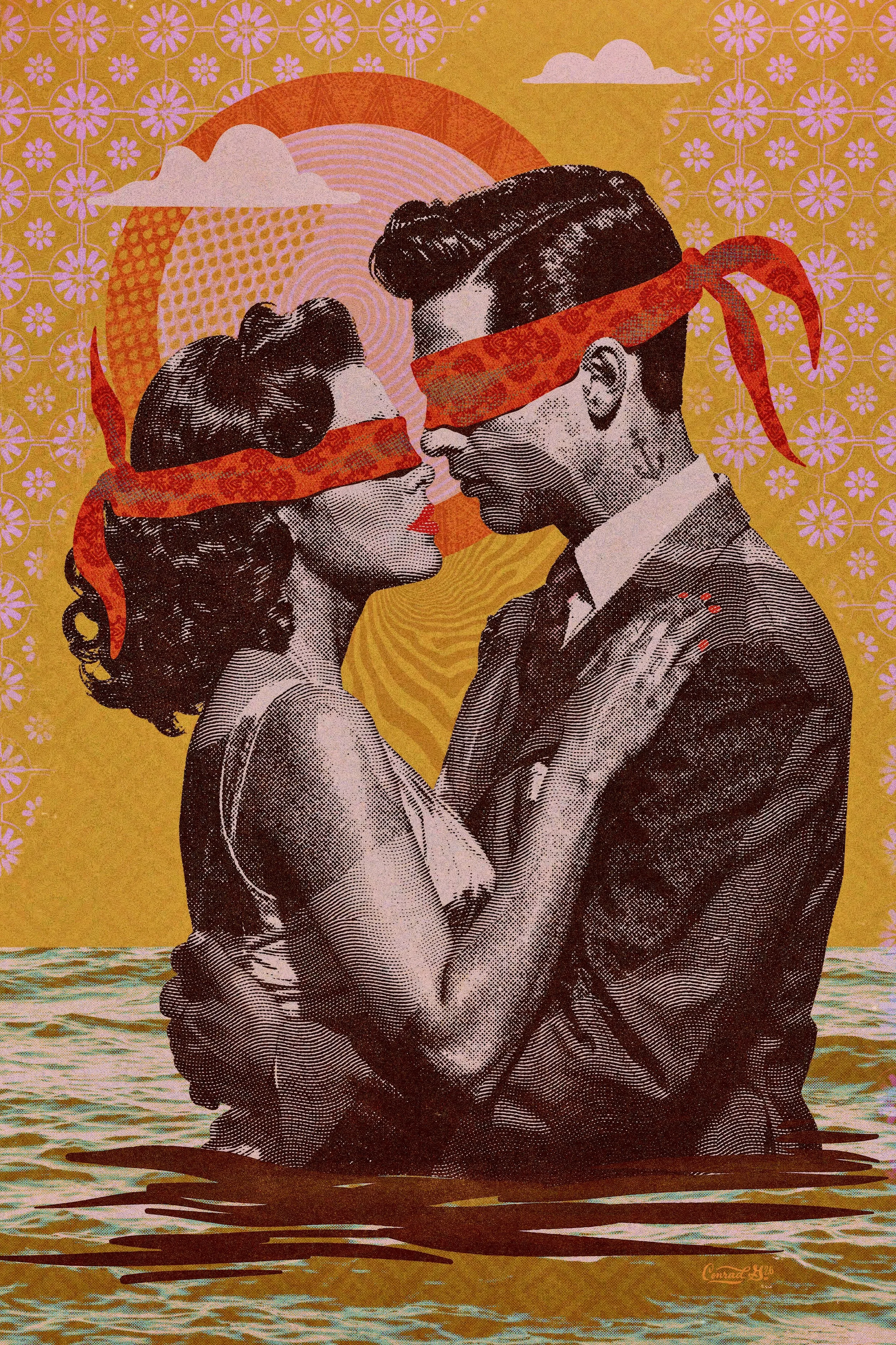 Blindfolded couple leaning in for a kiss partially submerged in water with a glowing sun halo behind them and floral patterned background
