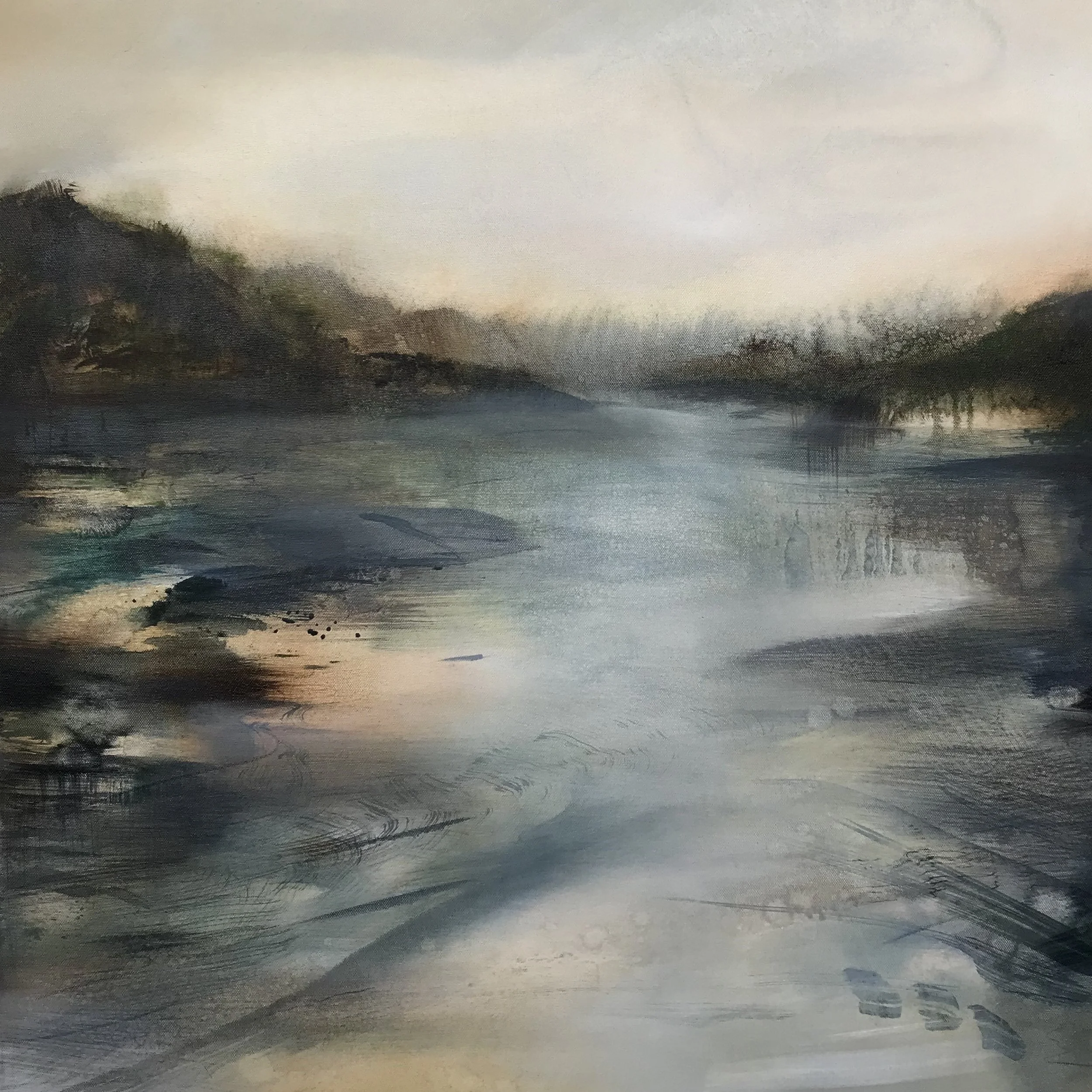 Hushed, 
Oil on canvas
2026.

Inspired by the Helford River. Currently on show at Cornwall Museum and Art Gallery, Truro. Cornwall.