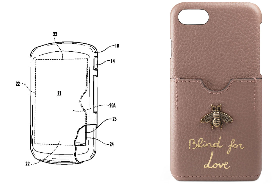 Cardshark's '904 patent (left) & one of Gucci's iPhone cases (right)