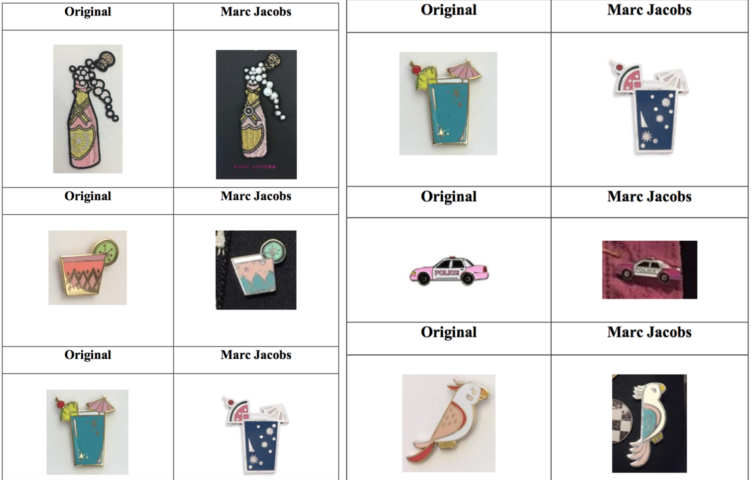 The artists' designs (left) & Marc Jacobs' allegedly infringing versions (right)
