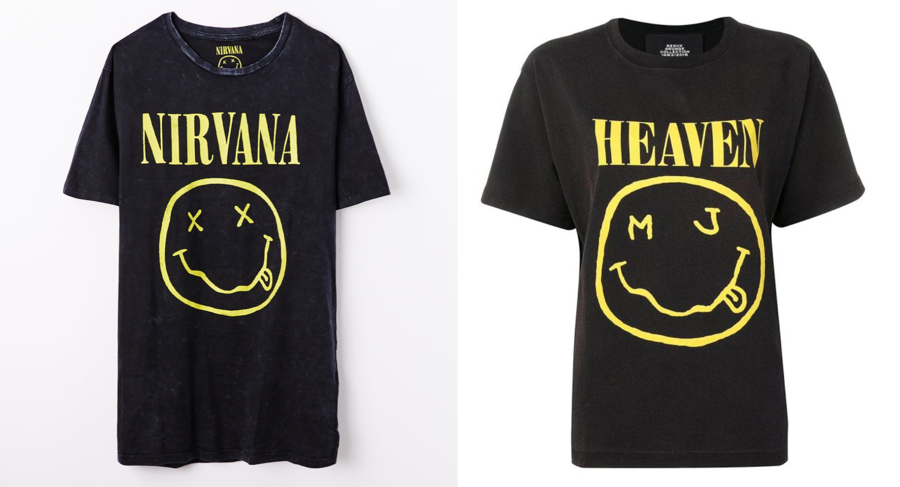 A Nirvana “Smiley Face” tee (left) & a tee from Marc Jacobs’ Grunge collection (right)