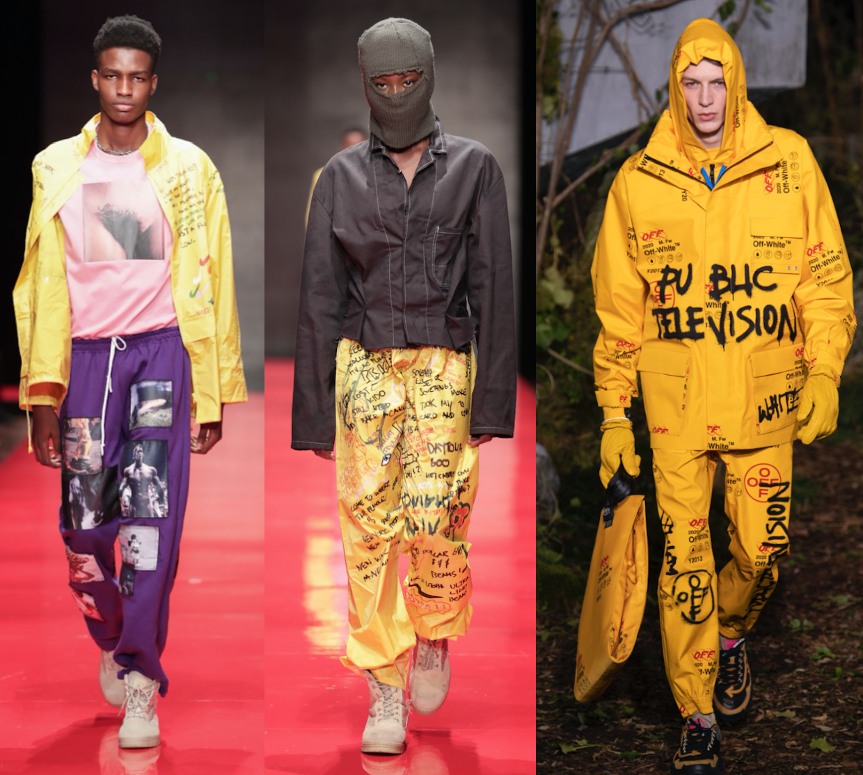 image: Colrs Fall/Winter 2018 left, center) & Off-White Fall/Winter 2019 (right)