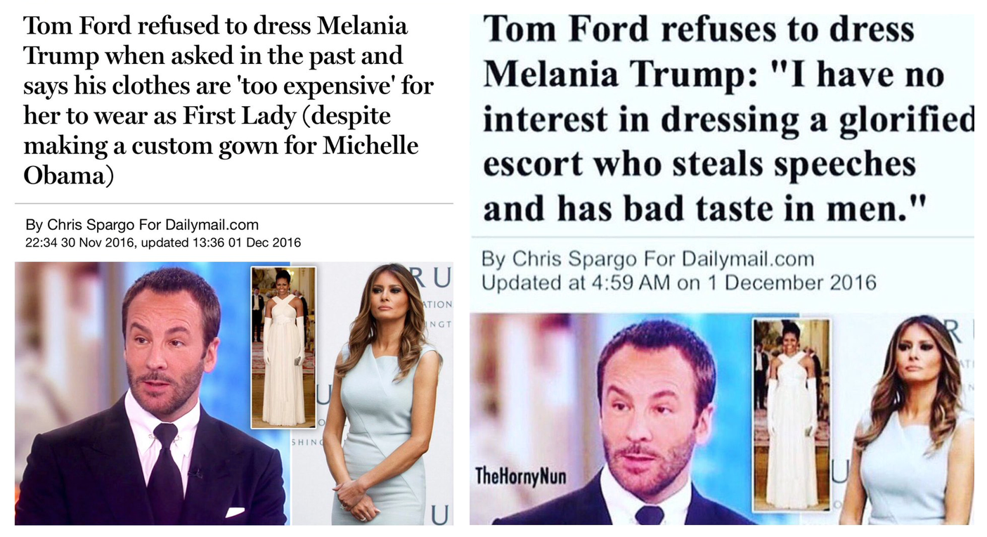 The real DailyMail article (left) & the doctored version (right)