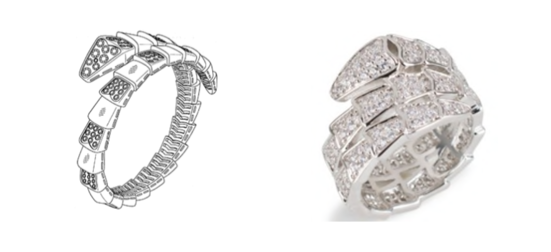 Bulgari’s Serpenti design patent (left) & KJL’s right (right)