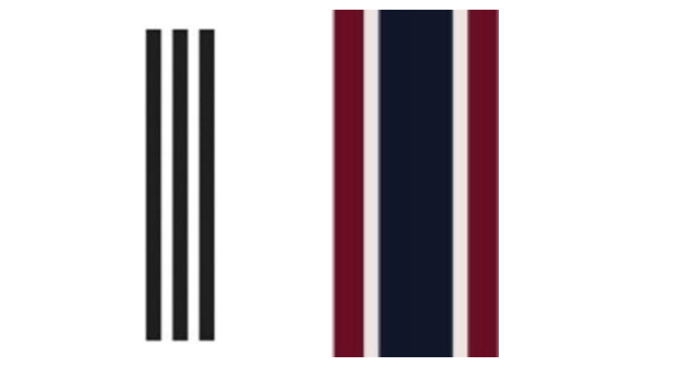 adidas’ 3-stripe trademark (left) & J. Crew’s 5-stripe mark (right)