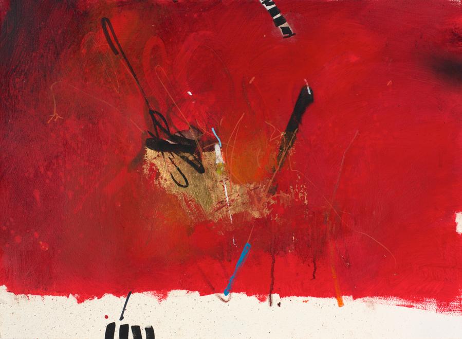 Simple Flow Red I, 2015 acrylic, aerosol, gold leaf, marker, and oil on paper 22 x 30 in