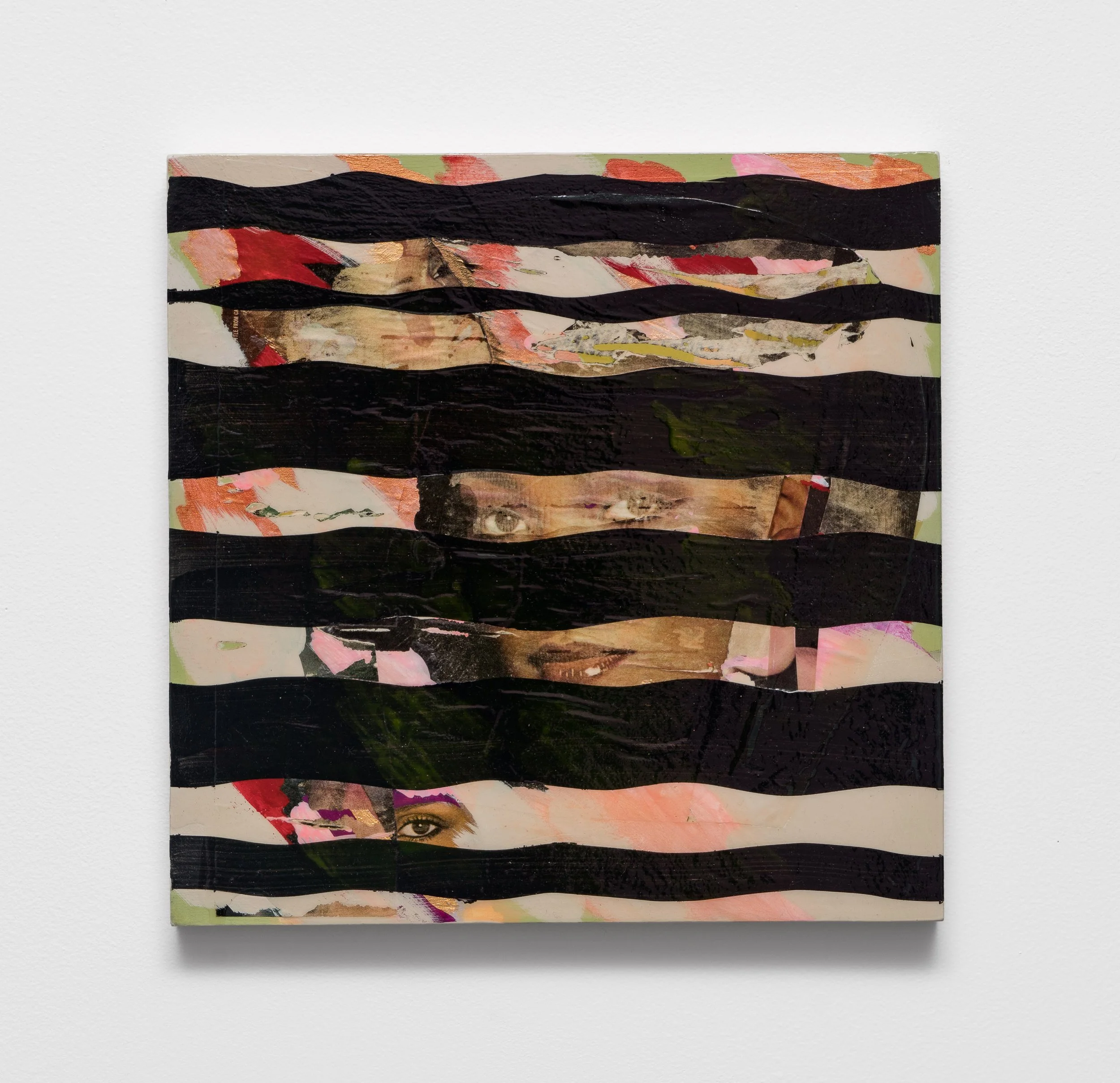 Double strand twists, 2022, Acrylic, latex, collage on wood panel 