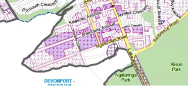Purple shading and crosses show Pre-1944 Historic Character Overlay
