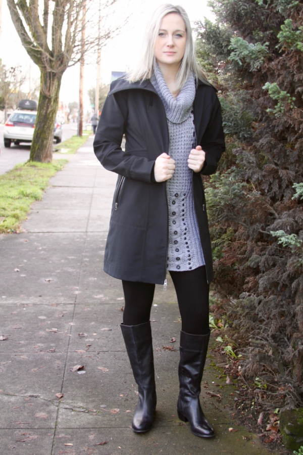 Winter coat, size small, Columbia sportswear, $49.00. Neck sweater/dress, size medium, Romeo & Juliet, $34.99. Black leggings, m. Rena, $35. Boots size 8.5, arturochiang, $60.