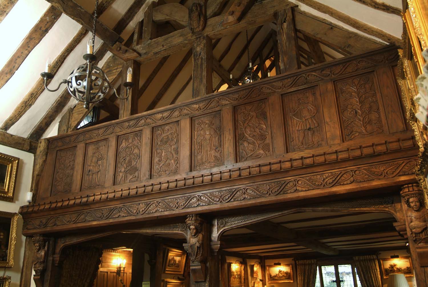 16th century Gothic style hand carved oak panelled gallery