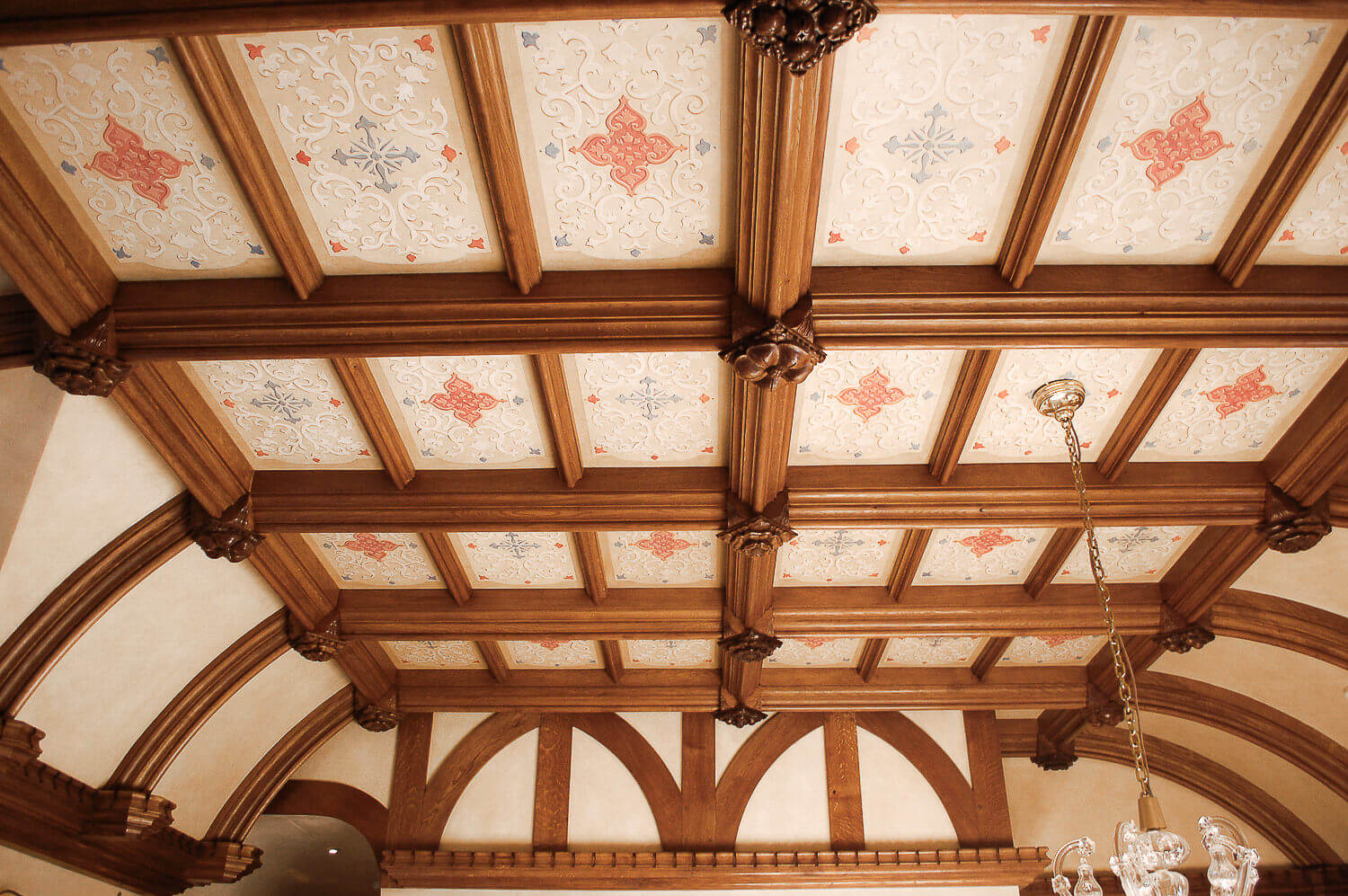 Large Tudor style oak beam ceiling with hand carved ceiling bosses bespoke period Joinery