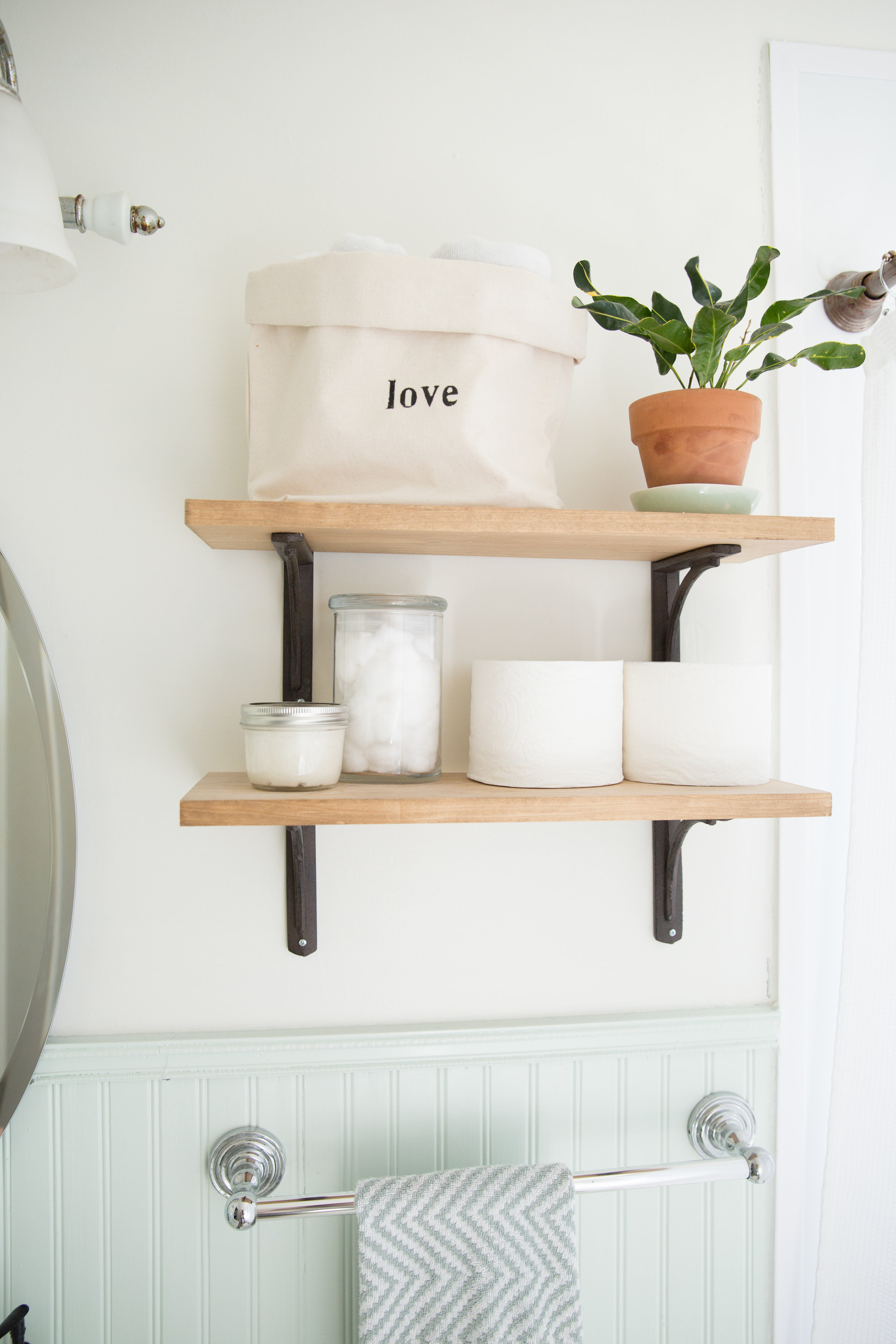 DIY wood wall shelves with metal brackets