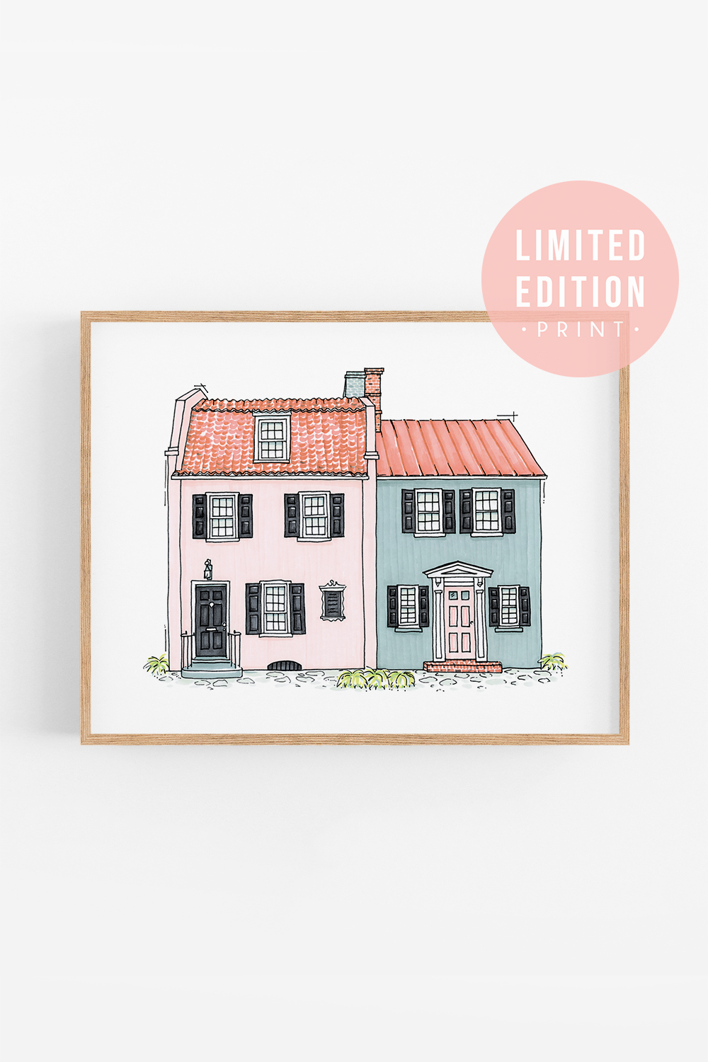 Architectural Art Print: Pink &amp; Blue House [LIMITED EDITION]; Charleston Artwork; Girls room artwork; Whimsical Illustration