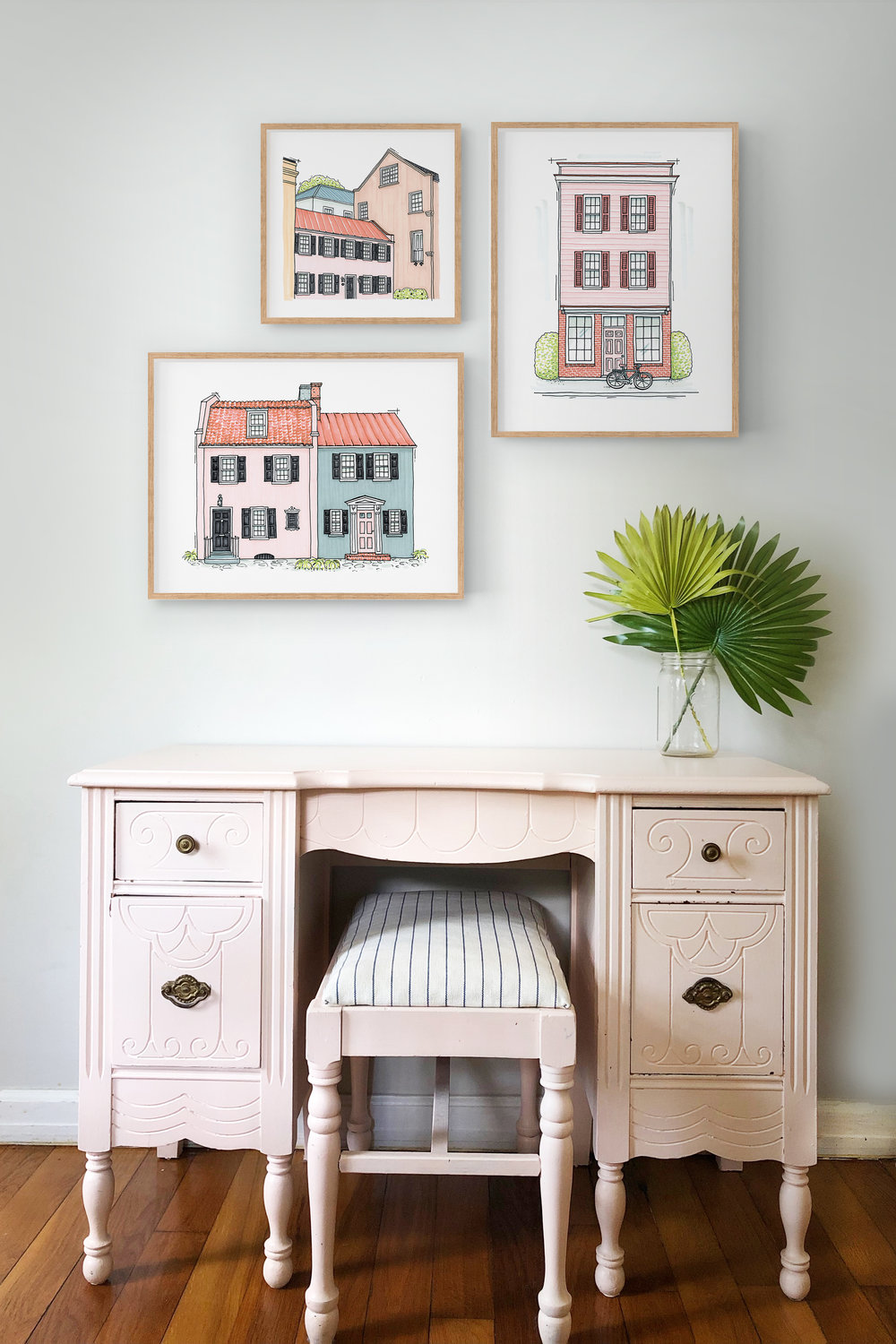 Architectural Art Print: Pink &amp; Blue House [LIMITED EDITION]; Charleston Artwork; Girls room artwork; Whimsical Illustration