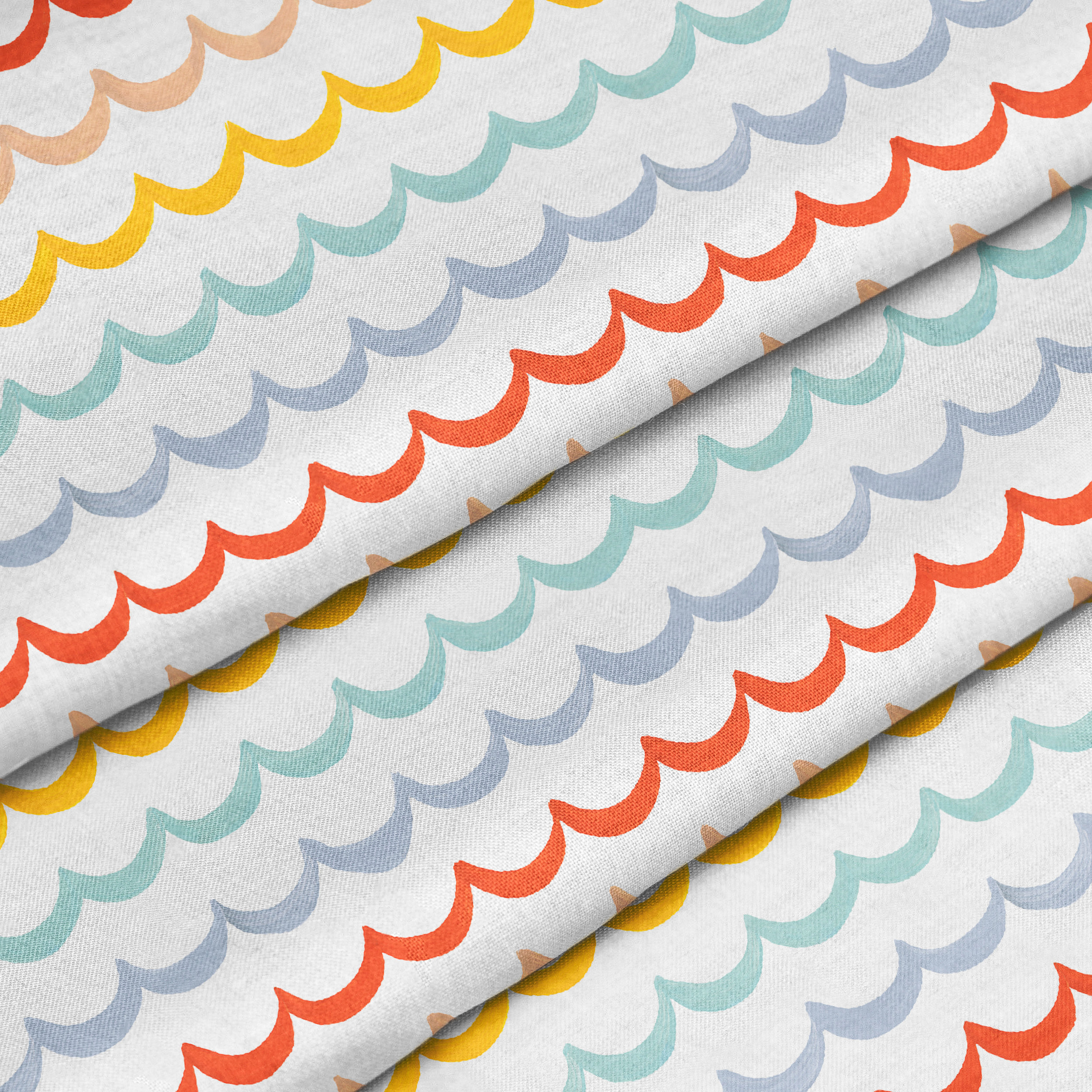 Ocean Waves fabric in coral, blush, blue, yellow, and mint.