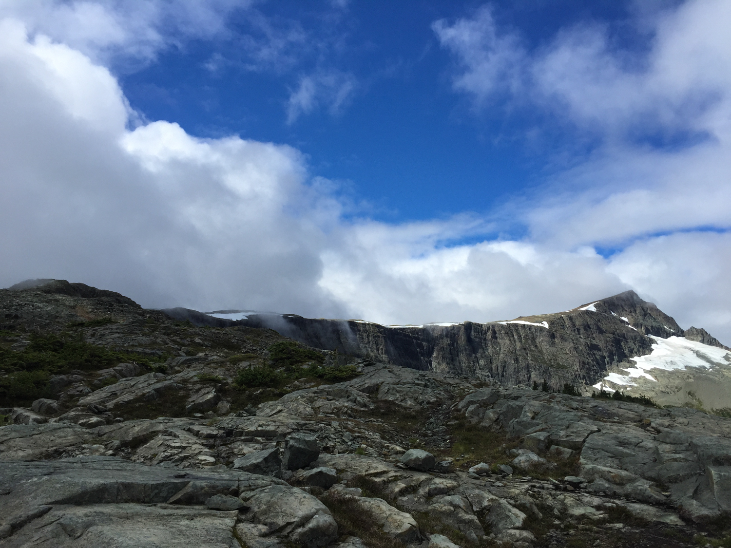 The one view we got of the Albert Edward summit, blowing off a little steam, before the skies turned back to grey, the clouds socked in, and we headed up and around the ridge