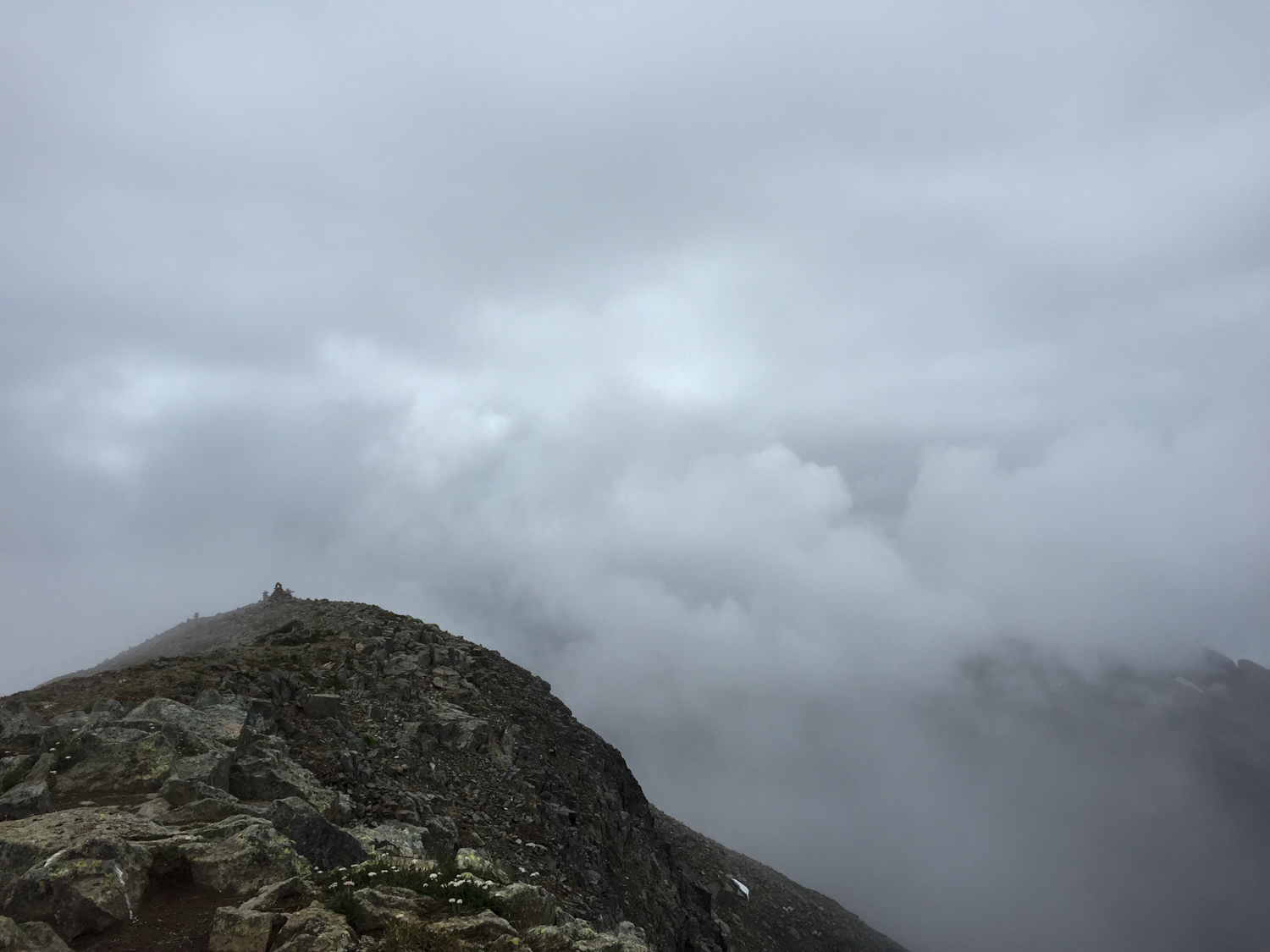 Summit "views" west towards Buttle Lake and the Pacific Ocean (on a much clearer day)