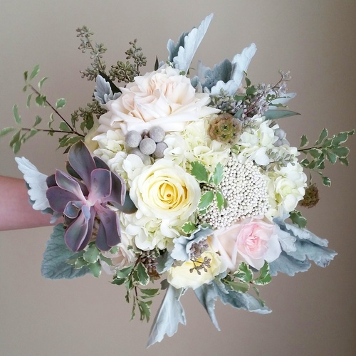 A gorgeous bouquet designed by Anna Passarelli of Simply Elegant Floral Designs with hints of blue.