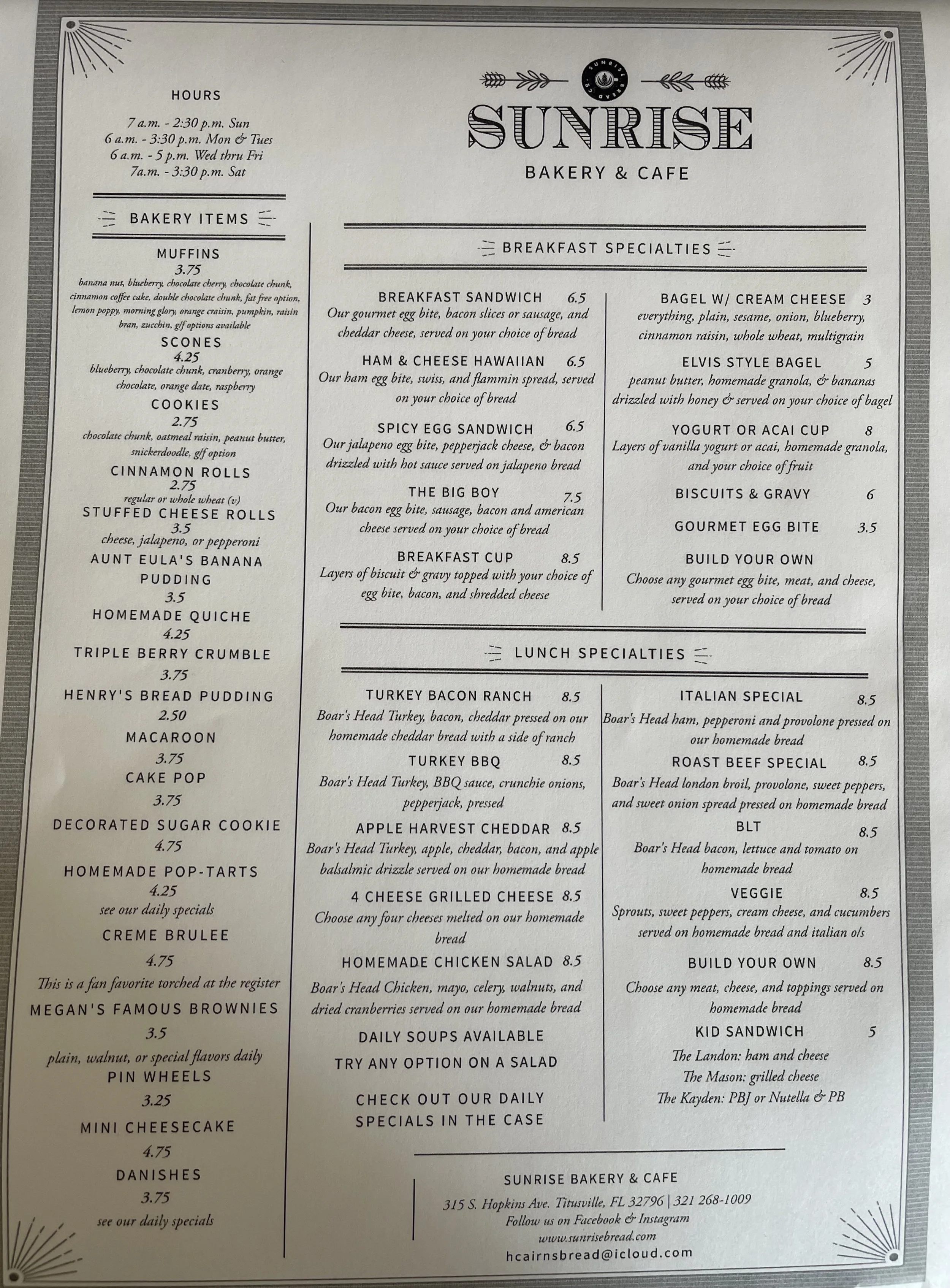 Menu — Sunrise Bread Company