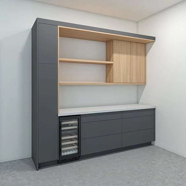 Having fun with a modern dry bar for this commercial space. We love mixing things up with modern cabinet designs. That natural wood finish laminate really pops with the gray matte laminate.