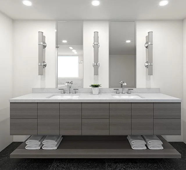 Latest 3D render of our modern condo remodel. Working on final touches but we are on the home stretch on this master bath remodel. Working with Custom Italian @bellalineahome cabinetry and engineered quartz counters.