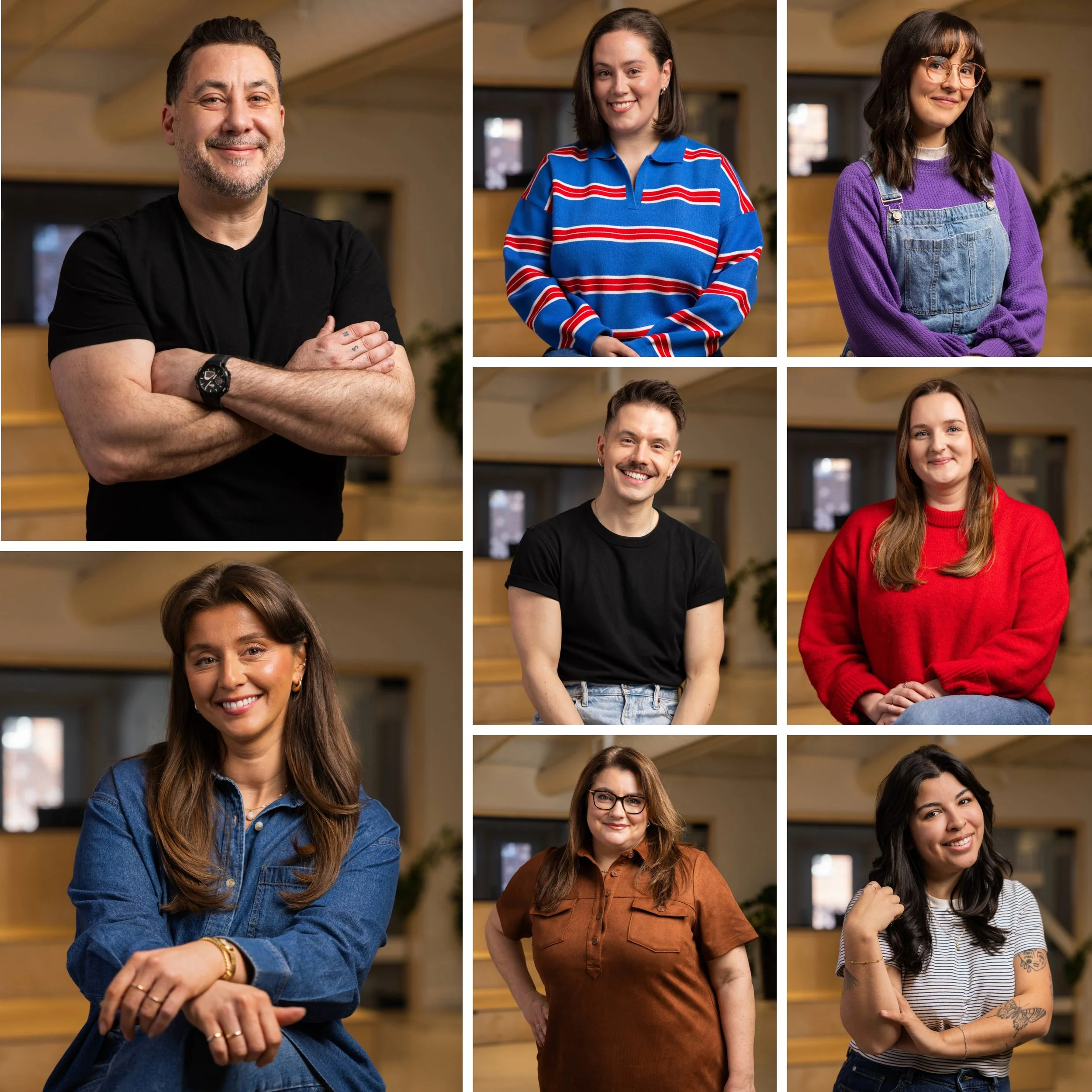 A collage of nine diverse women standing in an indoor space with wooden accents, smiling and posing for the camera.