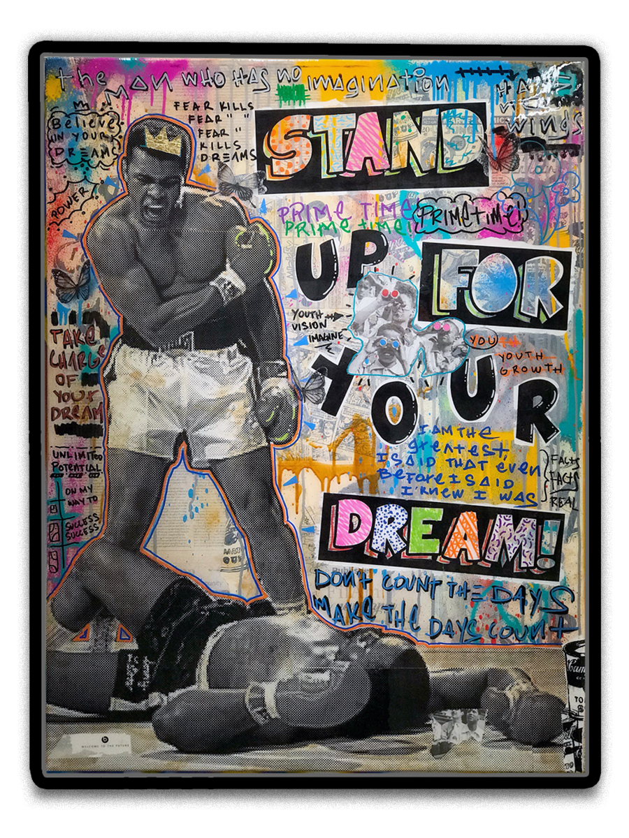 Stand Up For Your Dream! (sold) - Mixed media, paper collage, acrylic & resin finish - Mounted on 32 x 42 inch floater frame - click here to contact for inquiry and pricing