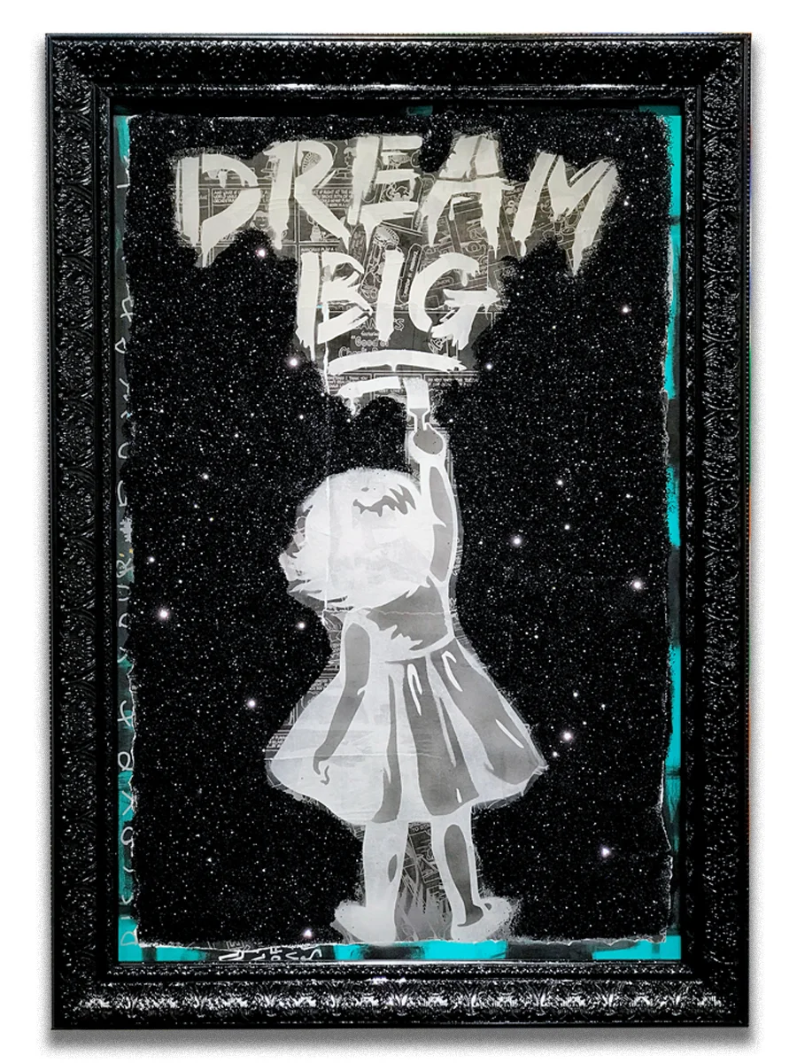 Dream Big Stars - Mixed media, paper collage, stencil, embellished glitters on canvas - mounted on 30 x 40 inch frame - click here to contact for inquiry and pricing