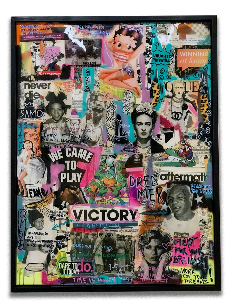 Victory, Betty & Tyson - Mixed media, paper collage, acrylic resin finish on canvas - Mounted on 32 x 42 inch floater frame - click here to contact for inquiry and pricing