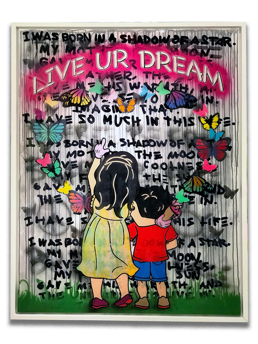 Live Your Dream (sold) - Stencil, acrylic & resin finish on canvas - Mounted on 38 x 50 inch floater frame - click here to contact for inquiry and pricing