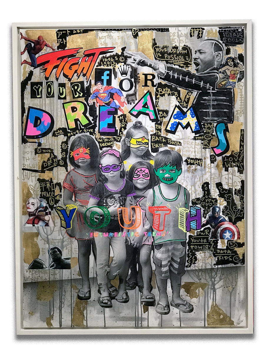 Fight For Your Dreams (Youth) - Mixed media, gold leaf, paper collage & resin finish on canvas - 38 x 50 inch floater frame - click here to contact for inquiry and pricing