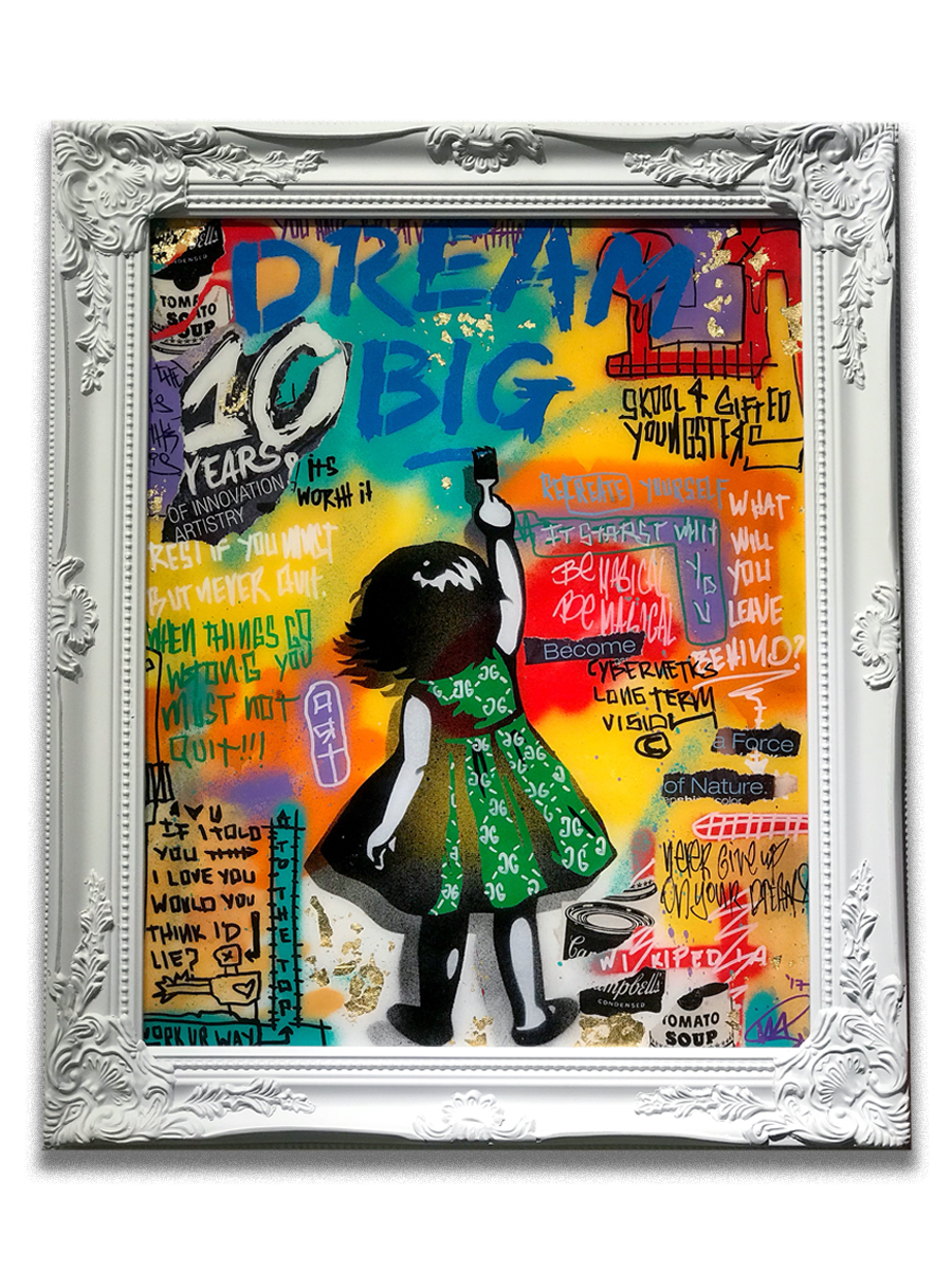 Dream Big (10 years) (sold) - Paper collage, acryiic, gold leaf, stencil & resin finish on canvas - 20 x 24 inch frame - click here to contact for inquiry and pricing