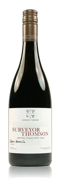 SURVEYOR THOMSON PINOT NOIR 2013 Domaine Thomson's premium label has the reputation for being the first "Burgundy" to be produced in Central Otago because of its the French wine-making style and bio-dynamic farming principles. The resulting wine has pleasant notes of spiced plums, dark berry fruit and dried herbs, along with a distinct tannin structure attained from 30% whole bunch fermentation, longer extraction period and use of French oak barriques. 