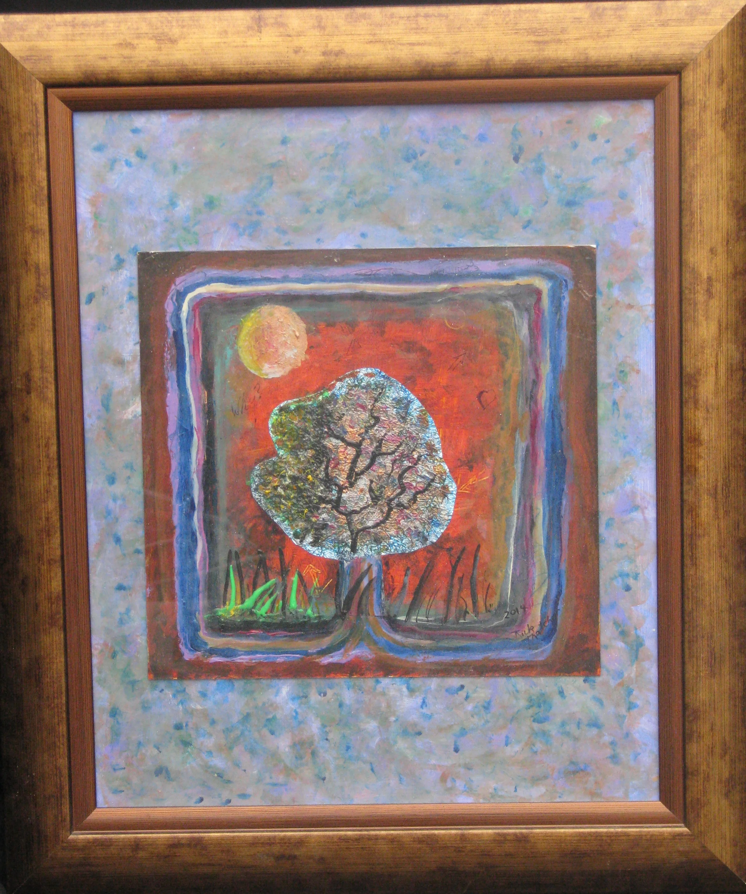    Tree of Knowledge – Tribute to Otto Rogers   Mixed media on board. 24 in. X 26 in. Framed (frame is part of piece.) For sale @ $450.   