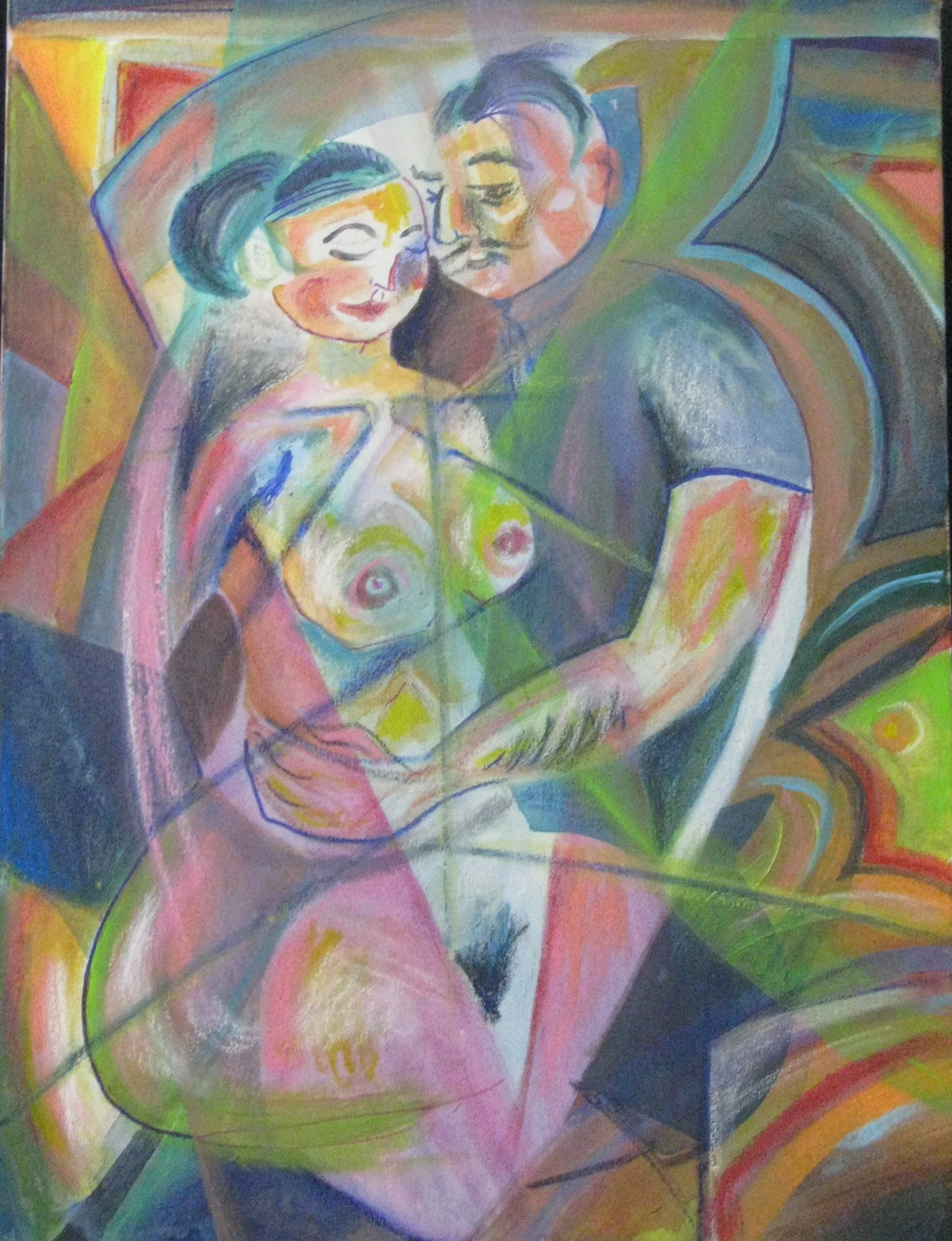    Lovers of Cubism   Acrylic and pastel on canvas. 28 in. X 24 in. For sale @ $250 (unframed). 
