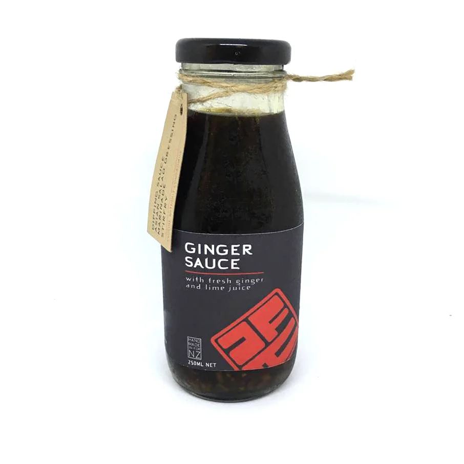 GINGER SAUCE Made with fresh ginger, lime & lemon juice, brown sugar, soy sauce and fish sauce. Perfect with our dumplings or as a marinade for chicken, beef, pork or fish. A great way to dress an Asian salad