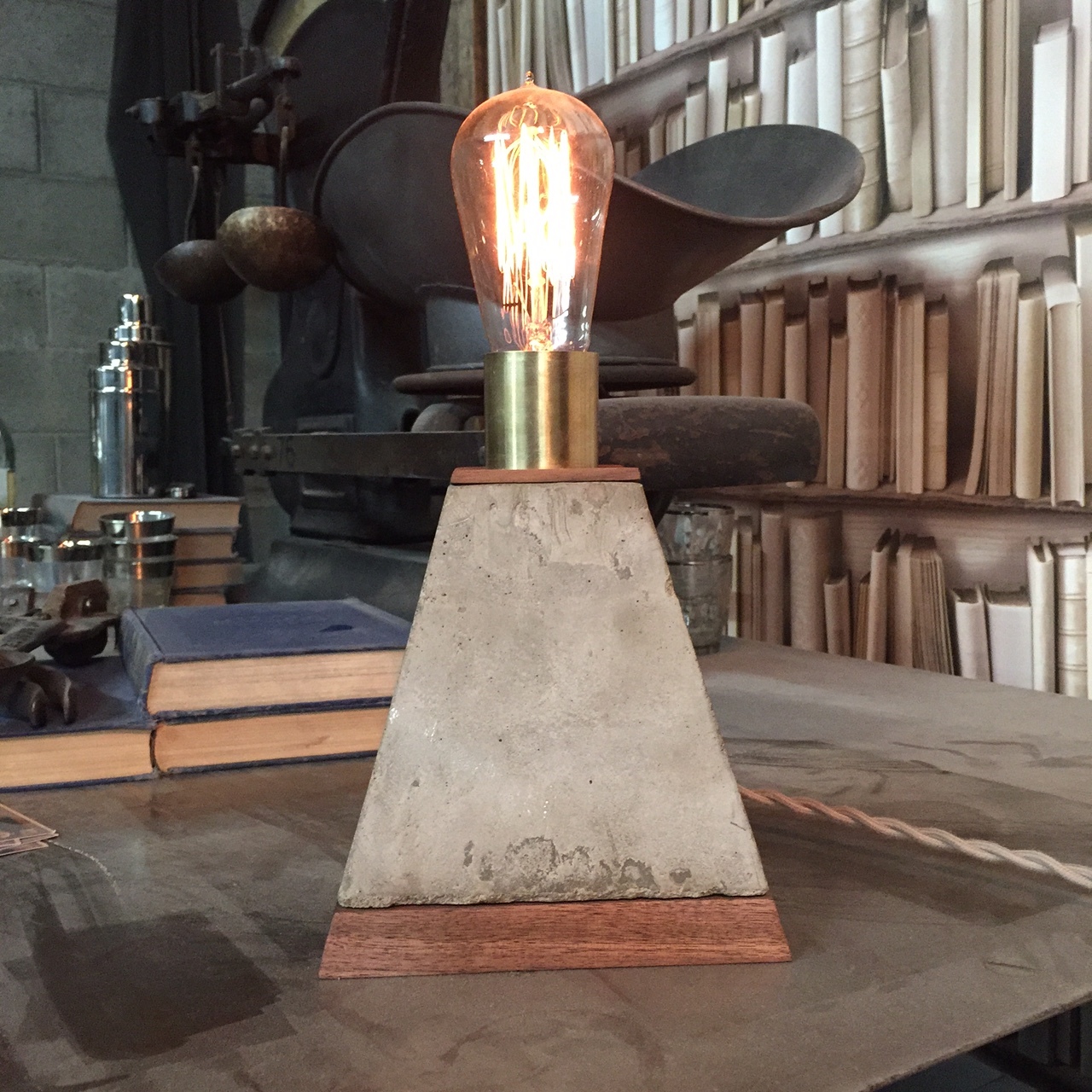 Walnut, Concrete, and Brass Touch Controlled Desk Lamp