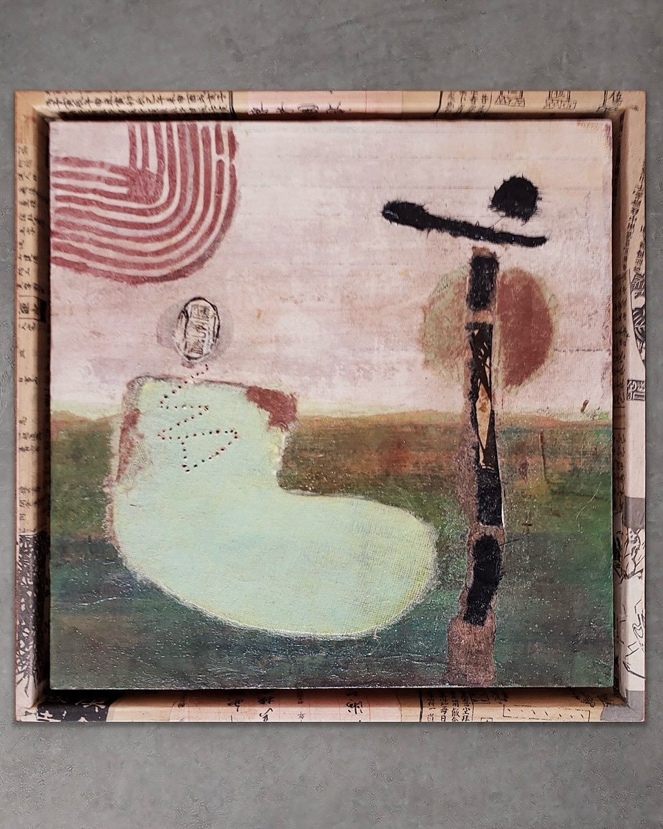 11&rdquo;x11&rdquo; Rice paper mixed media with vintage book-page-wrapped maple frame.