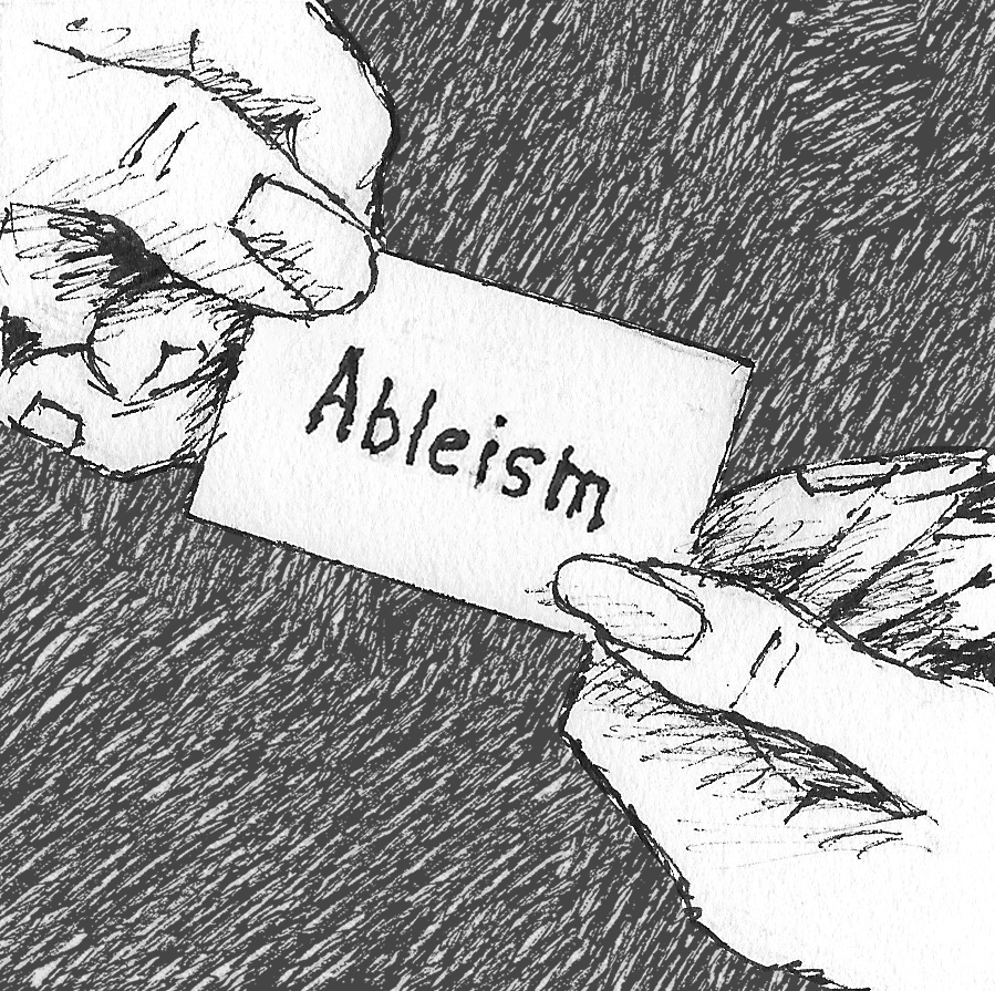 Image Description: Fine-tip pen drawing. From a top left diagonal, one hand passes a small card to another hand. Card has the word, "Ableism" written in the center. Drawn image of hands featured on a ground of crosshatch marks.