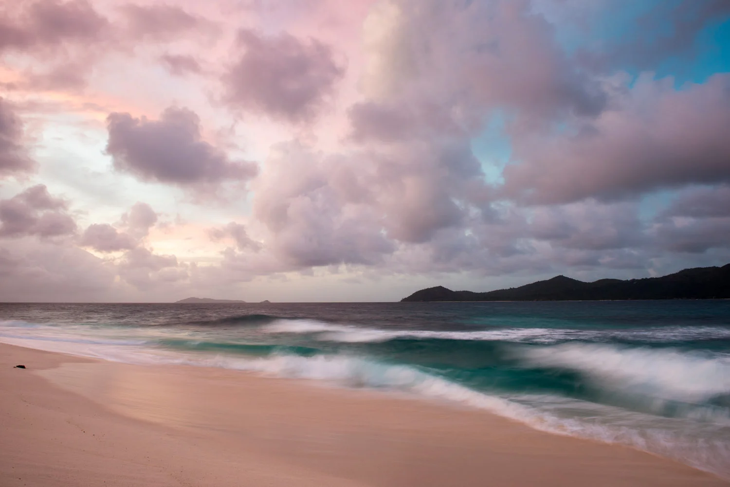 Indian Ocean towards Aride and Praslin islands at twilight, Cousin Island Special Reserve, Seychelles
