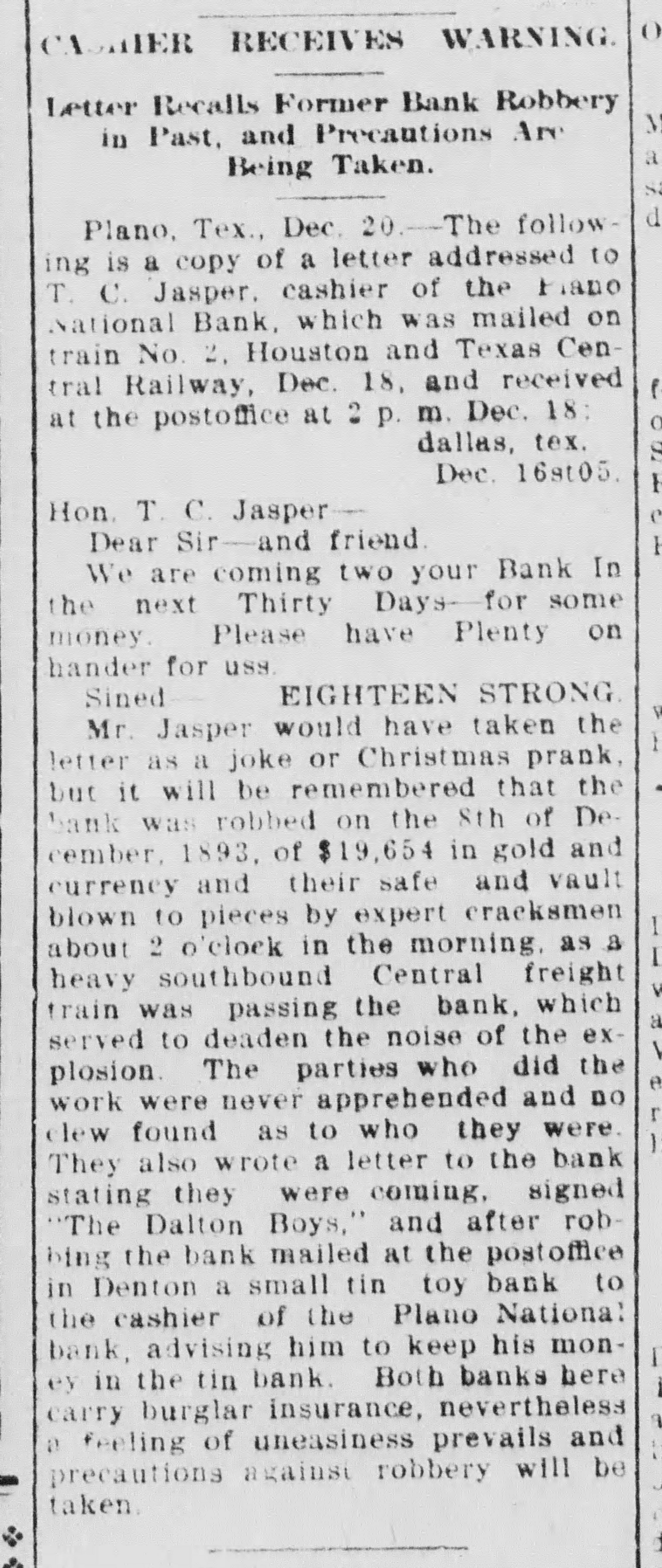 McKinney Dailey Courier, USA. Wednesday 20 December 1905.